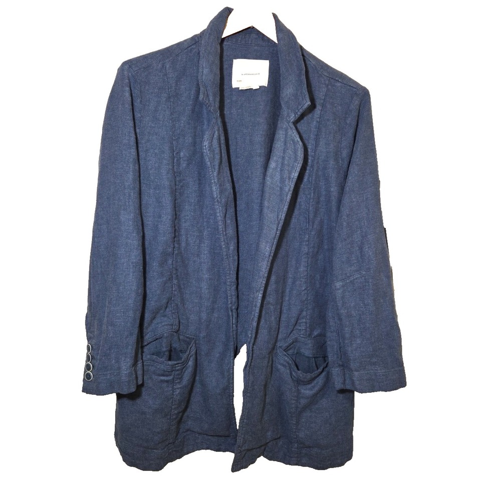 Anthropologie Linen Blend Open Front Blazer Jacket Blue Size 14 Lagenlook